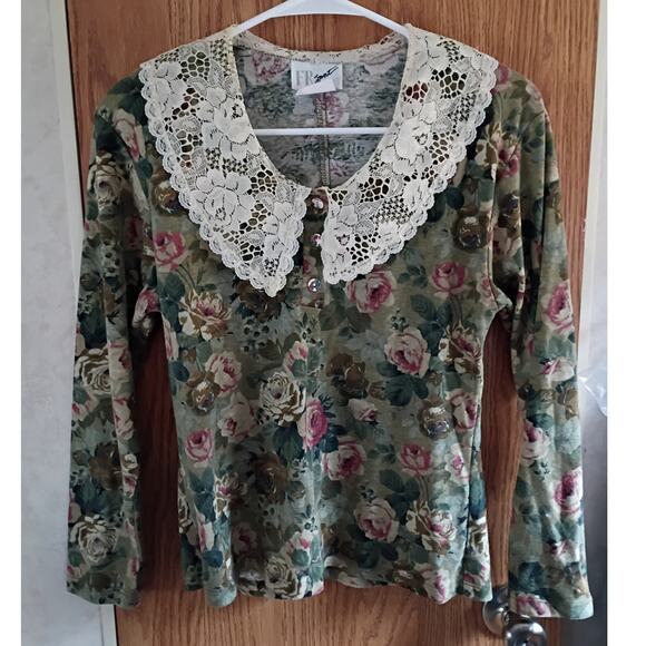 VNTG 90s FR Sport Floral Lace Collar Top Romantic Grunge Cottage Y2K Small - Picture 1 of 10